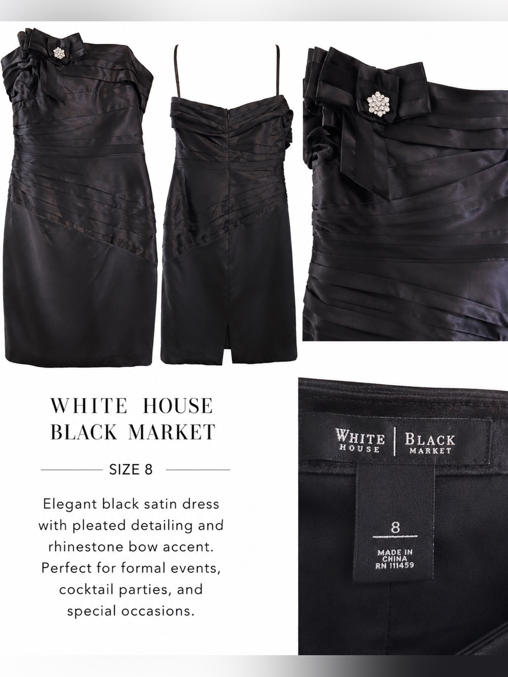 White House Black Market Black Dress, sz 8 Rhinestone detail, Formal Dress